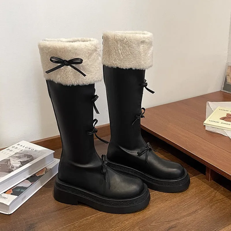 Ribbon Detail Fluffy Knee-High Boots