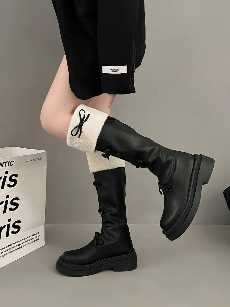 Ribbon Detail Fluffy Knee-High Boots