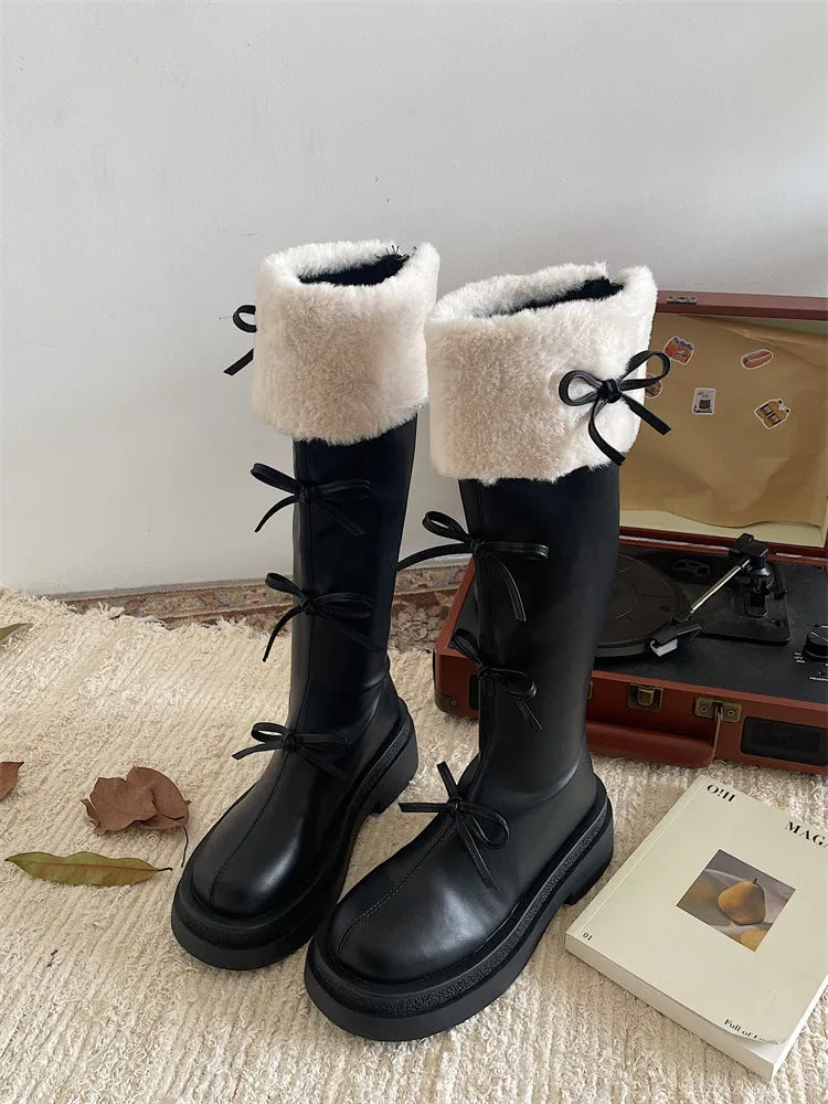 Ribbon Detail Fluffy Knee-High Boots