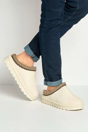 Sigrid Embroidered Faux Fur Lining Slippers in Beige