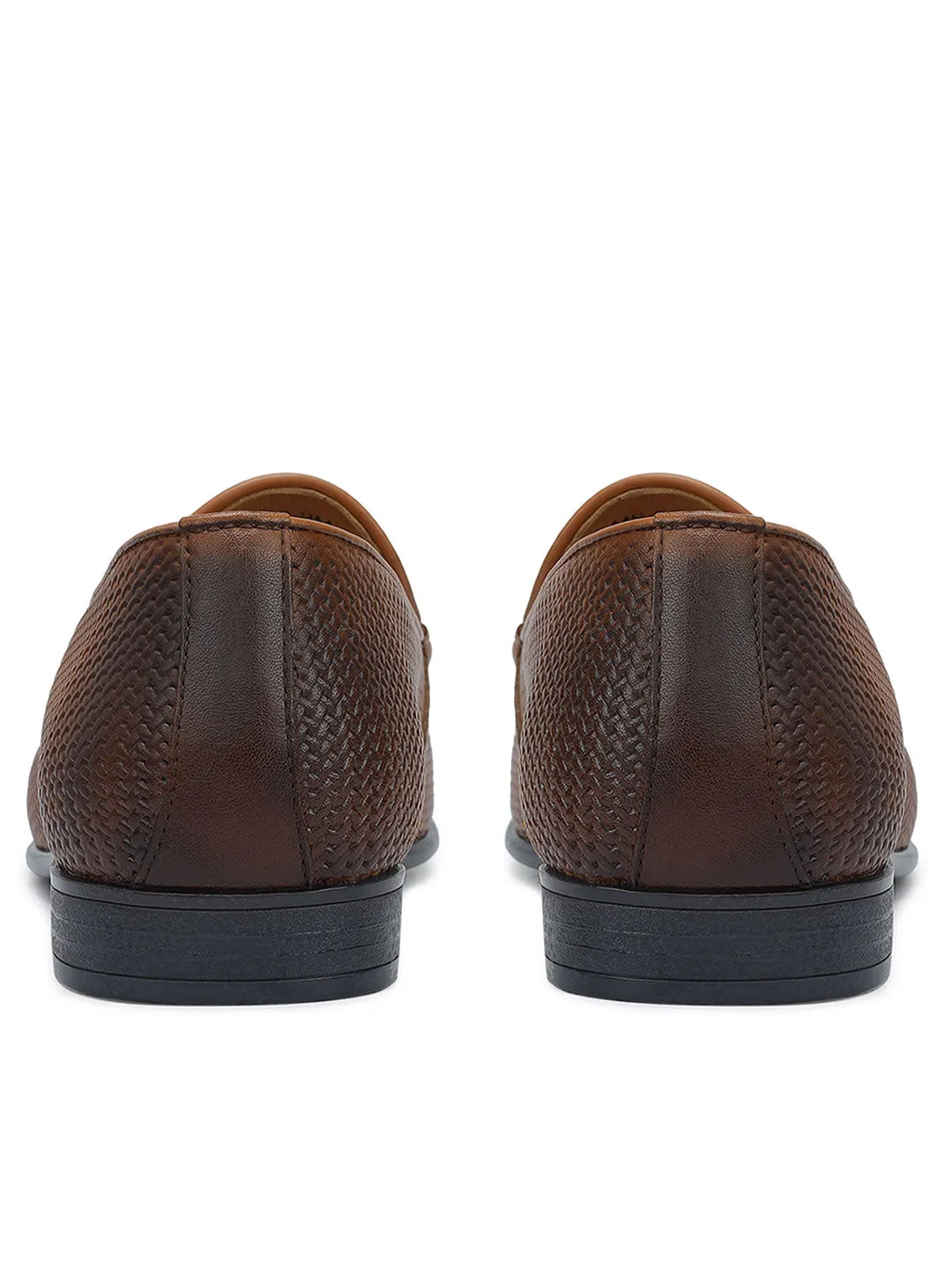 Tan Textured Loafers With Buckle