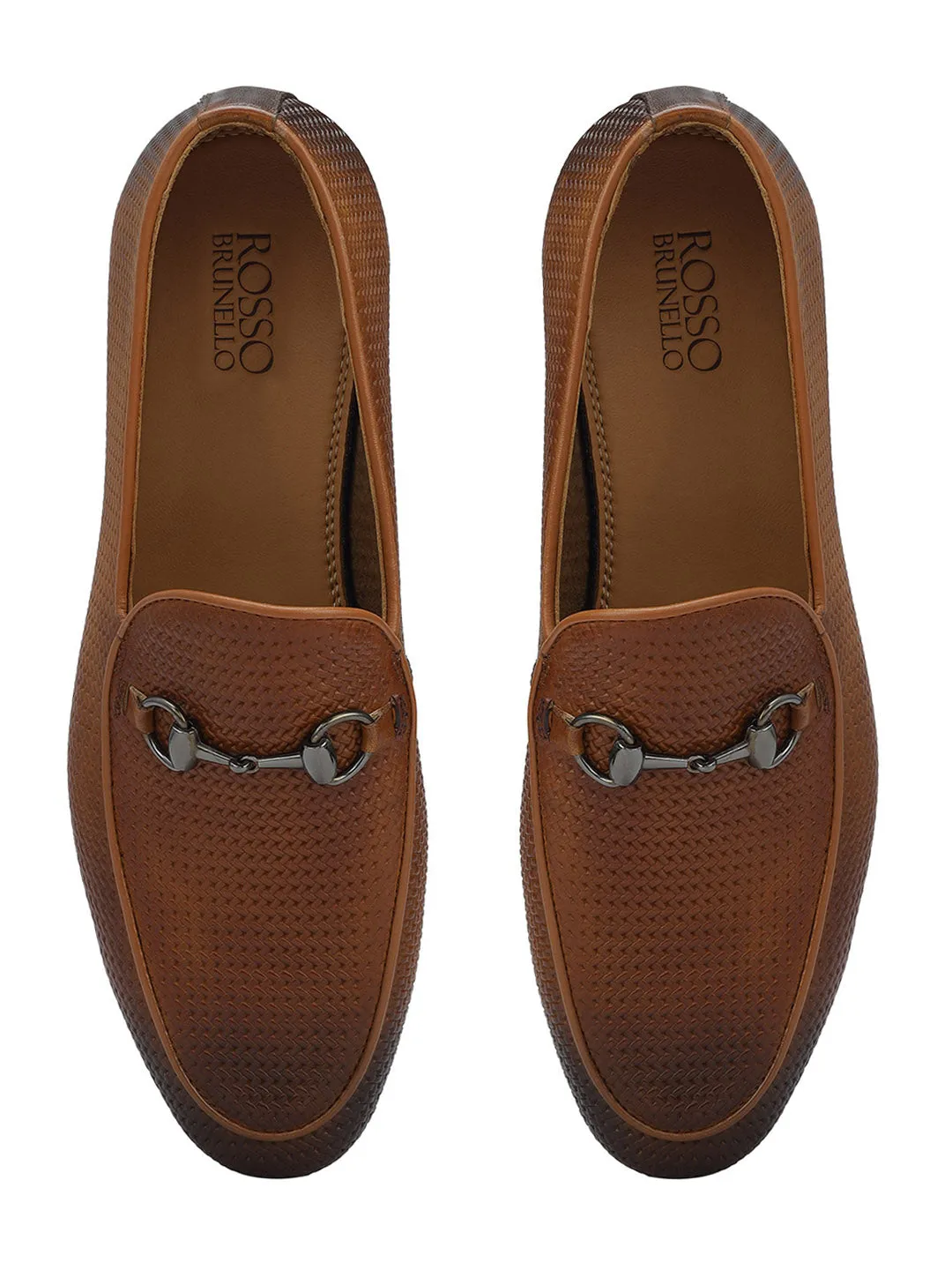 Tan Textured Loafers With Buckle