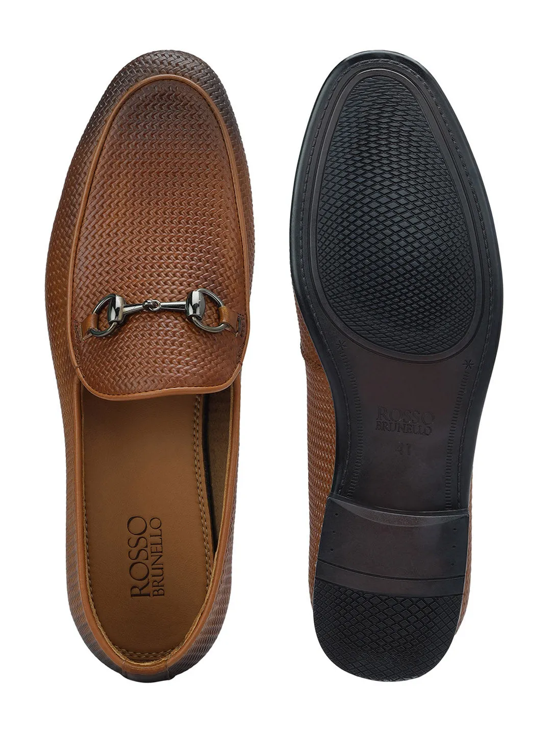 Tan Textured Loafers With Buckle