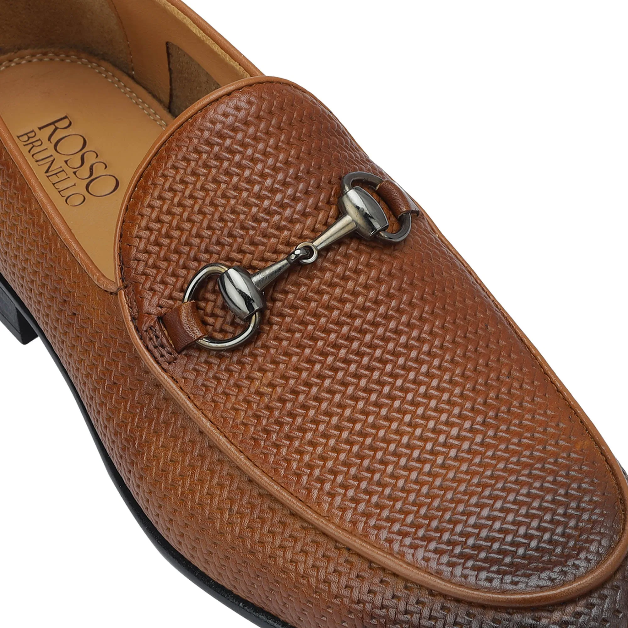 Tan Textured Loafers With Buckle