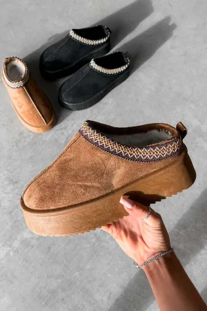 TAYL Suede Embroidered Chunky Slippers - Chestnut
