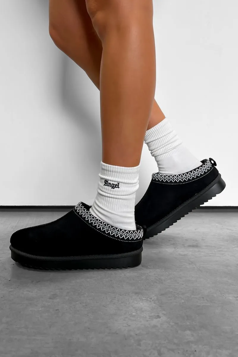 TAYLA Suede Embroidered Slippers - Black