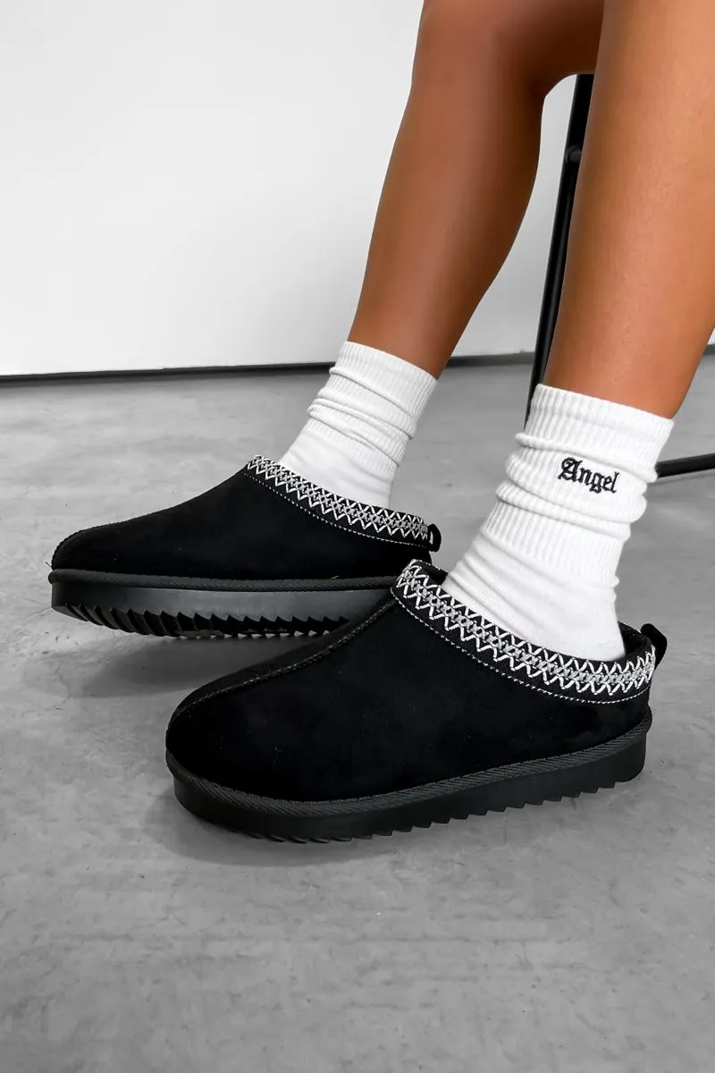 TAYLA Suede Embroidered Slippers - Black