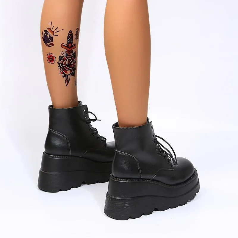 Thick platform wedge heels lace-up booties