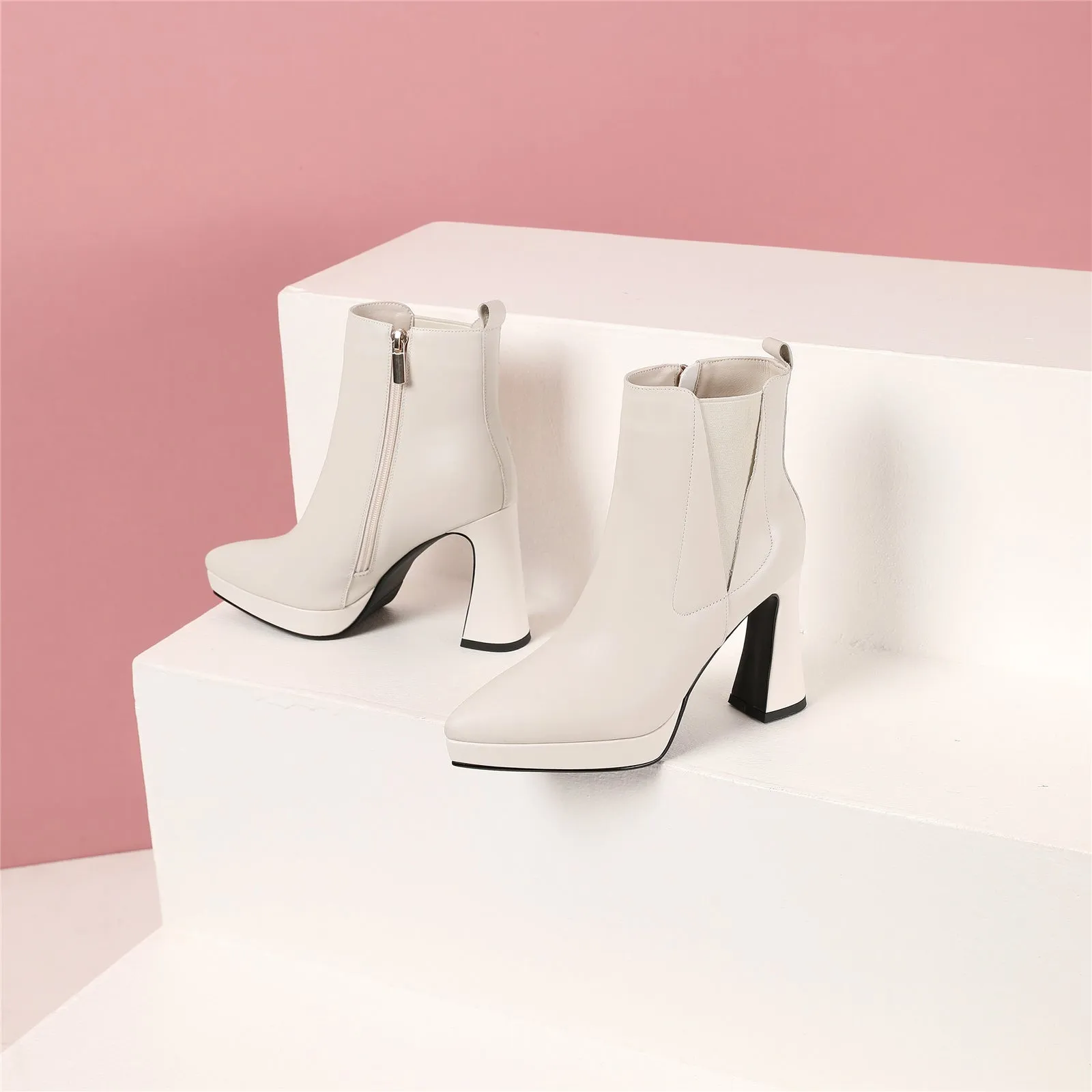 TinaCus Women's Genuine Leather High Heel Platform Handmade Side Zip Pointy Toe Ankle Boots