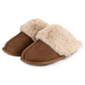 Totes Isotoner Ladies Real Suede Mule with Faux Fur Cuff in Tan