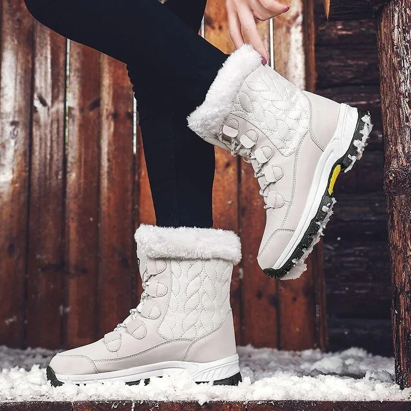 Women Anti-slip Fur Warm Waterproof Snow Boots Mid Calf