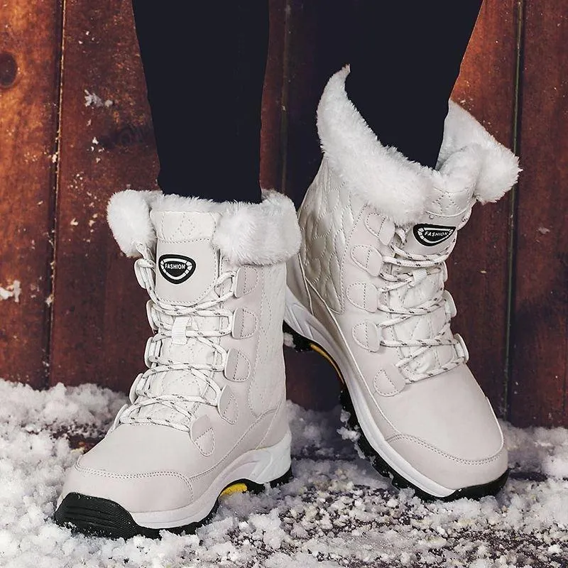 Women Anti-slip Fur Warm Waterproof Snow Boots Mid Calf