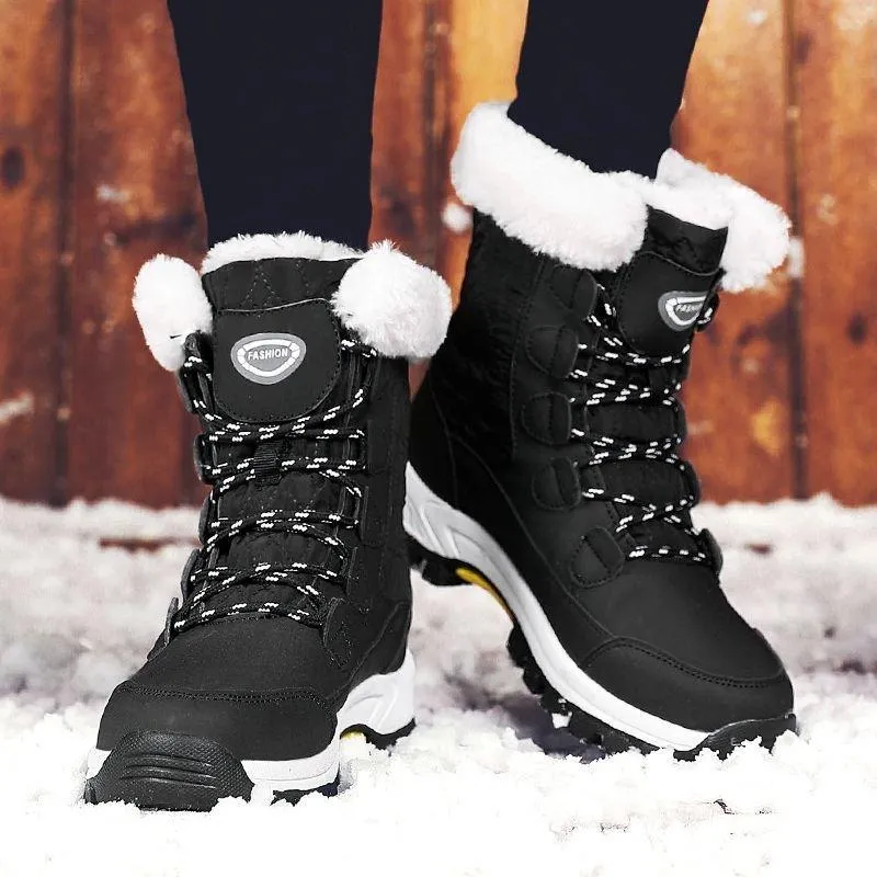 Women Anti-slip Fur Warm Waterproof Snow Boots Mid Calf