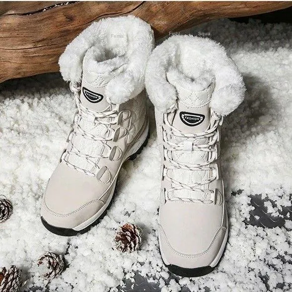 Women Anti-slip Fur Warm Waterproof Snow Boots Mid Calf