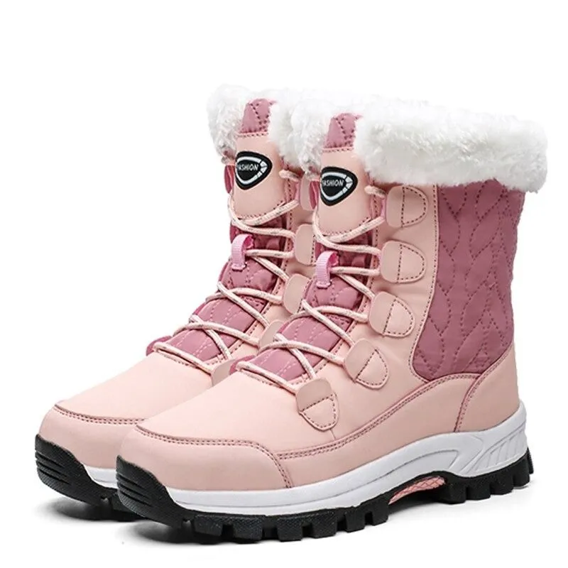 Women Anti-slip Fur Warm Waterproof Snow Boots Mid Calf