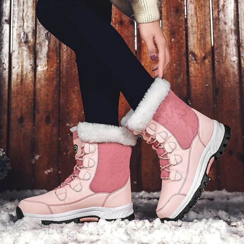 Women Anti-slip Fur Warm Waterproof Snow Boots Mid Calf