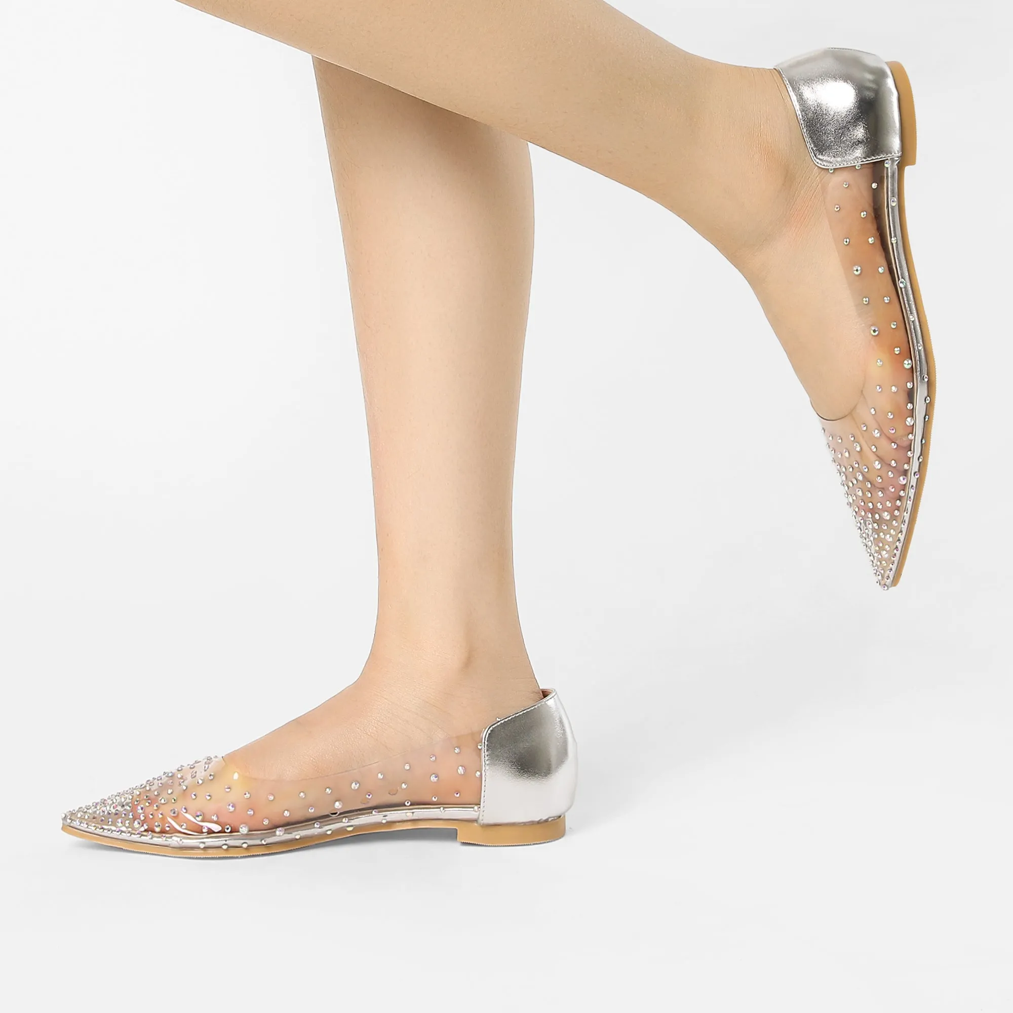 Women's Pointed Toe Clear Rhinestone Ballet Flats