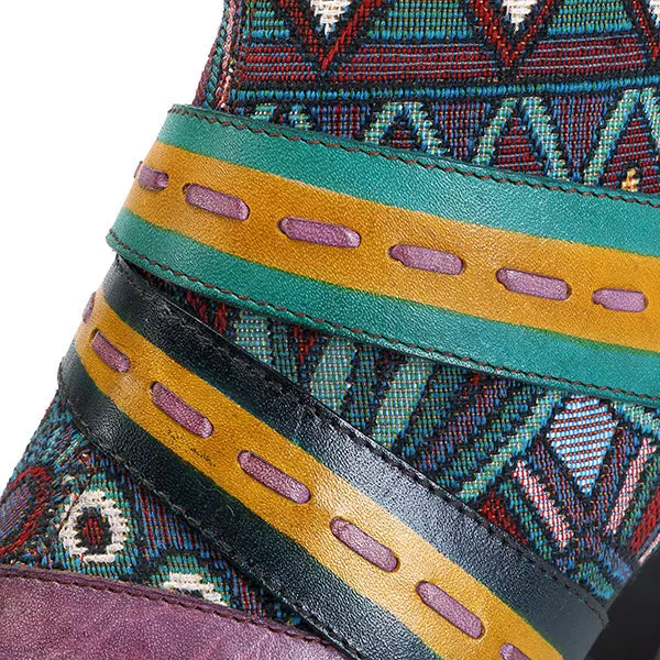 Zalor Bohemian Color Match Splicing Pattern Zipper Ankle Leather Boots